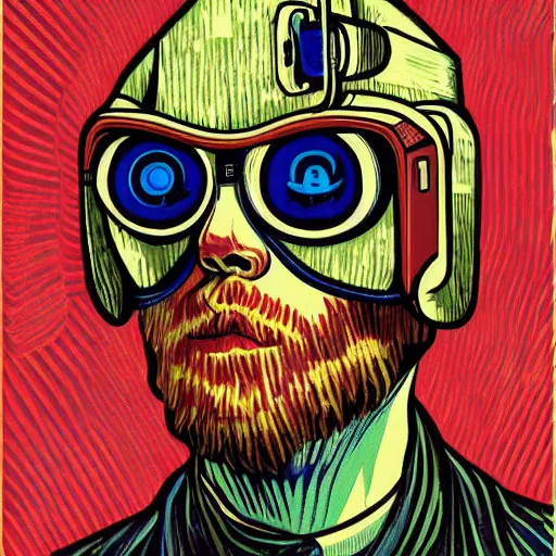 Image similar to Illustrated by Shepard Fairey and Greg Rutkpwski | Cyberpunk Van Gogh with VR helmet, surrounded by cables