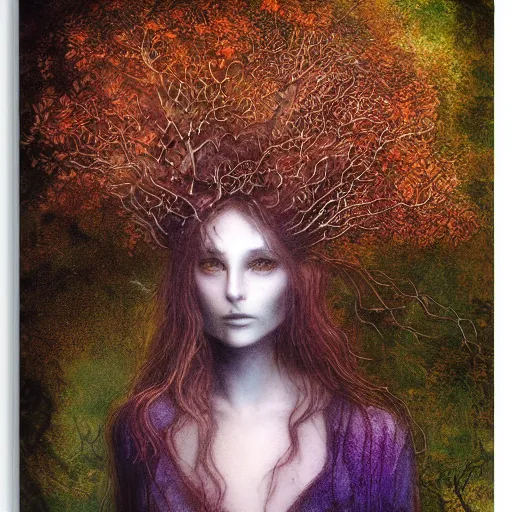 Prompt: portrait of a dryad in a forest of autumn maples by brian froud dark mysterious, filtered evening light