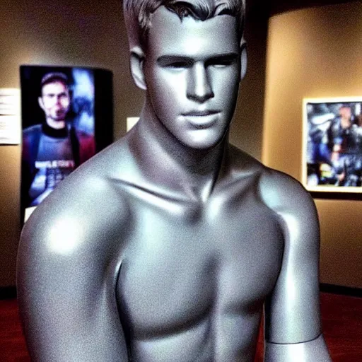 Image similar to “ a realistic detailed photo of a guy who is an attractive humanoid who is half robot and half humanoid, who is a male android, actor liam hemsworth, shiny skin, posing like a statue, blank stare, at the museum, on display ”