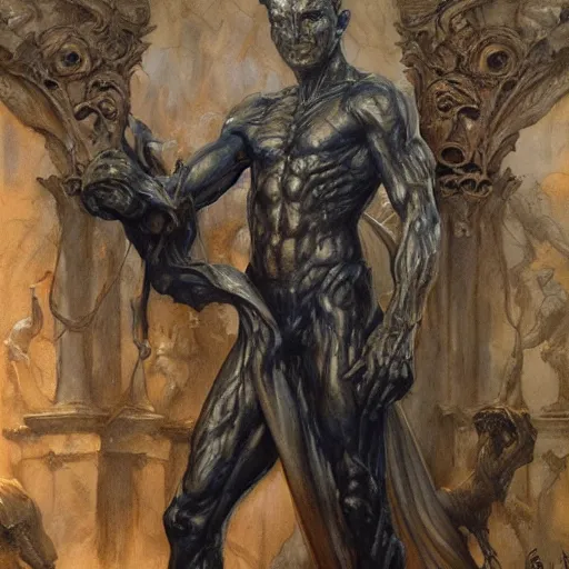 Image similar to Roguish Picaro Dsurion stands at the gates of Hades Hand Crafted By Rodin. Painting by Donato Giancola Jeff Simpson stamp watercolor