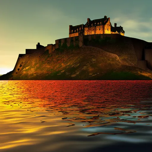 Prompt: fish shoal swimming above Edinburgh Castle, sunset, concept art in style of Greg Rutkowki, dynamic lighting, 4k, very highly detailed