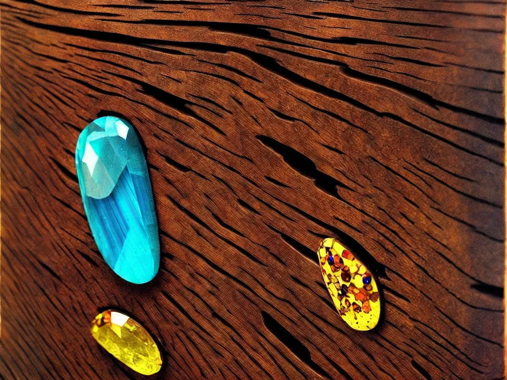 Image similar to gemstones embedded in wood, trending on deviantart, neo surrealism, sharp focus, octane, masterpiece, art by max ernst