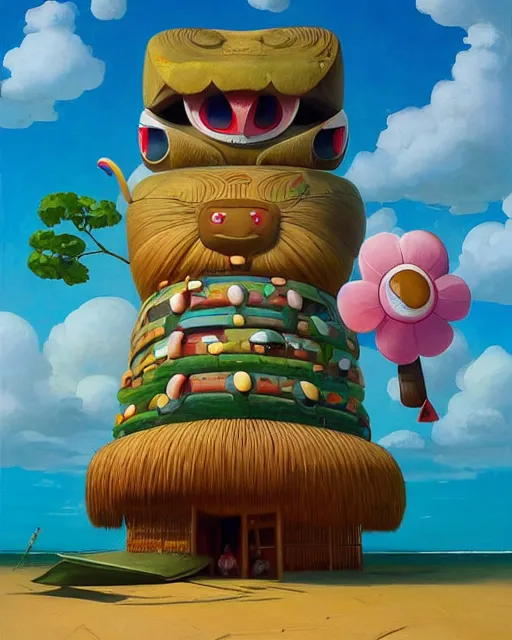 Prompt: a painting of a tiki hut with a totem pole, a surrealist painting by Takashi Murakami and by Naoto Hattori, by Jesper Ejsing, by RHADS, Makoto Shinkai and Lois van baarle, trending on deviantart, pop surrealism, lowbrow, grotesque, whimsical