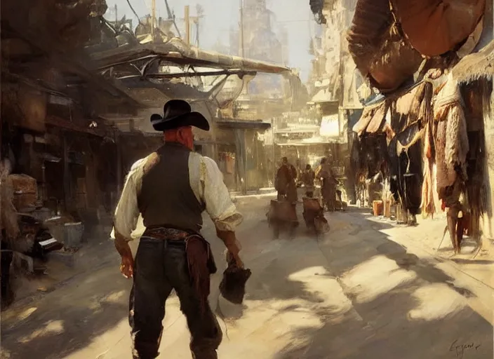 Image similar to oil painting of old rugged cowboy in wild west street setting, art by anders zorn, wonderful masterpiece by greg rutkowski, beautiful cinematic light, american romanticism by greg manchess, reflections in copper, sunlight, dust and steam