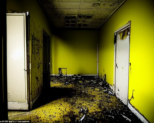 Image similar to the backrooms, the eerie forlorn atmosphere of a place that's usually bustling with people but is now abandoned and quiet, walls with tone of yellow, buzzing fluorescent lights, unsettling images, liminal space