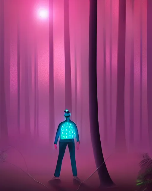 Image similar to man with glowing pink afro wearing disco jacket, standing in atmospheric spring forest at night, photoshop digital painting, best of artstation 4 k