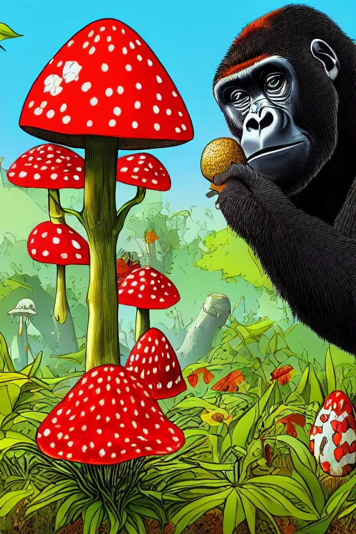 Image similar to gorilla holding an amanita muscaria, sunshine, by alba ballesta gonzalez and moebius. 4 k wallpaper, digital flat 2 d, japan animation, comic book, illustration, cinematic lighting, smooth sharp focus