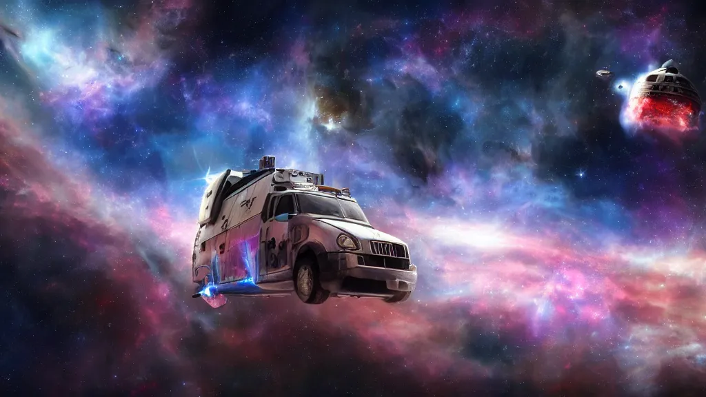 Prompt: a photorealistic picture of a space van flying in front of a nebula, shiny metal, graffiti on the side, epic, star wars style, porthole windows everywhere, 4 k hd wallpaper, premium prints available, hyper realistic, legendary, trending on artstation