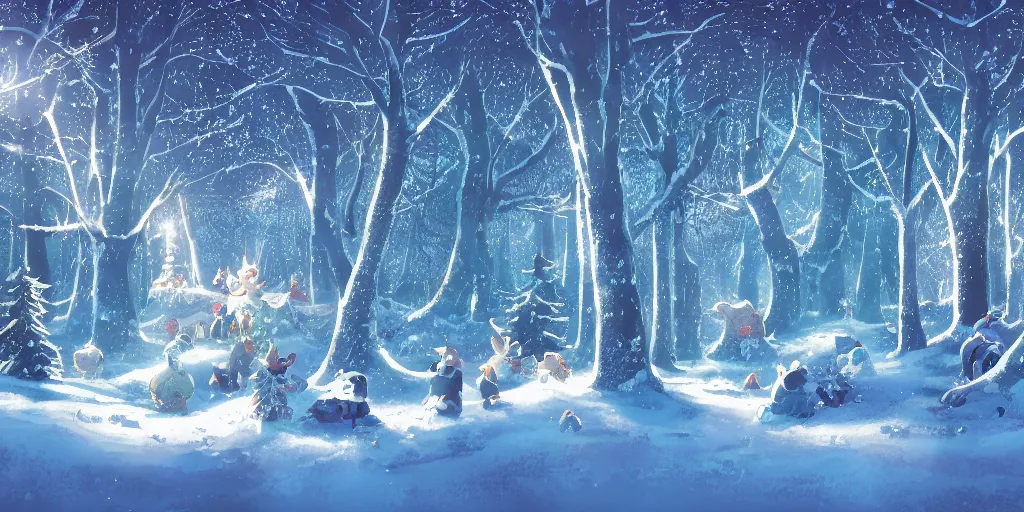 Image similar to high quality illustration of an enchanted magical winter forest : : day time, sunshine, glowing snow, amazing mood : : art by daisuke tsutsumi and ghibli studio, artstation art