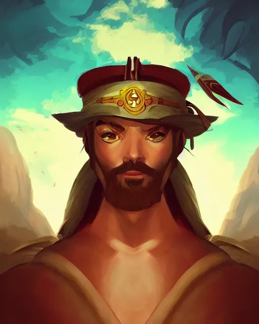 Image similar to digital painting of a conquistador by rossdraws and anato finnstark and studio ghibli, treasure island movie color scheme, symmetric, facial features, portrait, trending on artstation, masterpiece