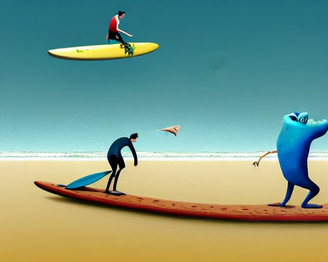 Image similar to a man surfing on a crocodile alike surfboard, a man using a crocodile as a longboard, funny cartoonish, by gediminas pranckevicius, 8 k cartoon illustration, impressive perspective