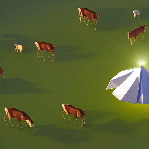 Prompt: isometric low poly render of a ufo flying over and abducting cows from a pasture. cows casting shadows.