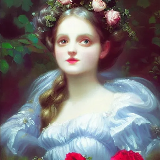 Image similar to Alice in Wonderland,a portrait of a beautiful Silver hair girl,Diamonds Blaze,Rose twining,luxuriant,dreamy, eternity, romantic,highly detailed,in the style of Franz Xaver Winterhalter, highly detailed,night lighting