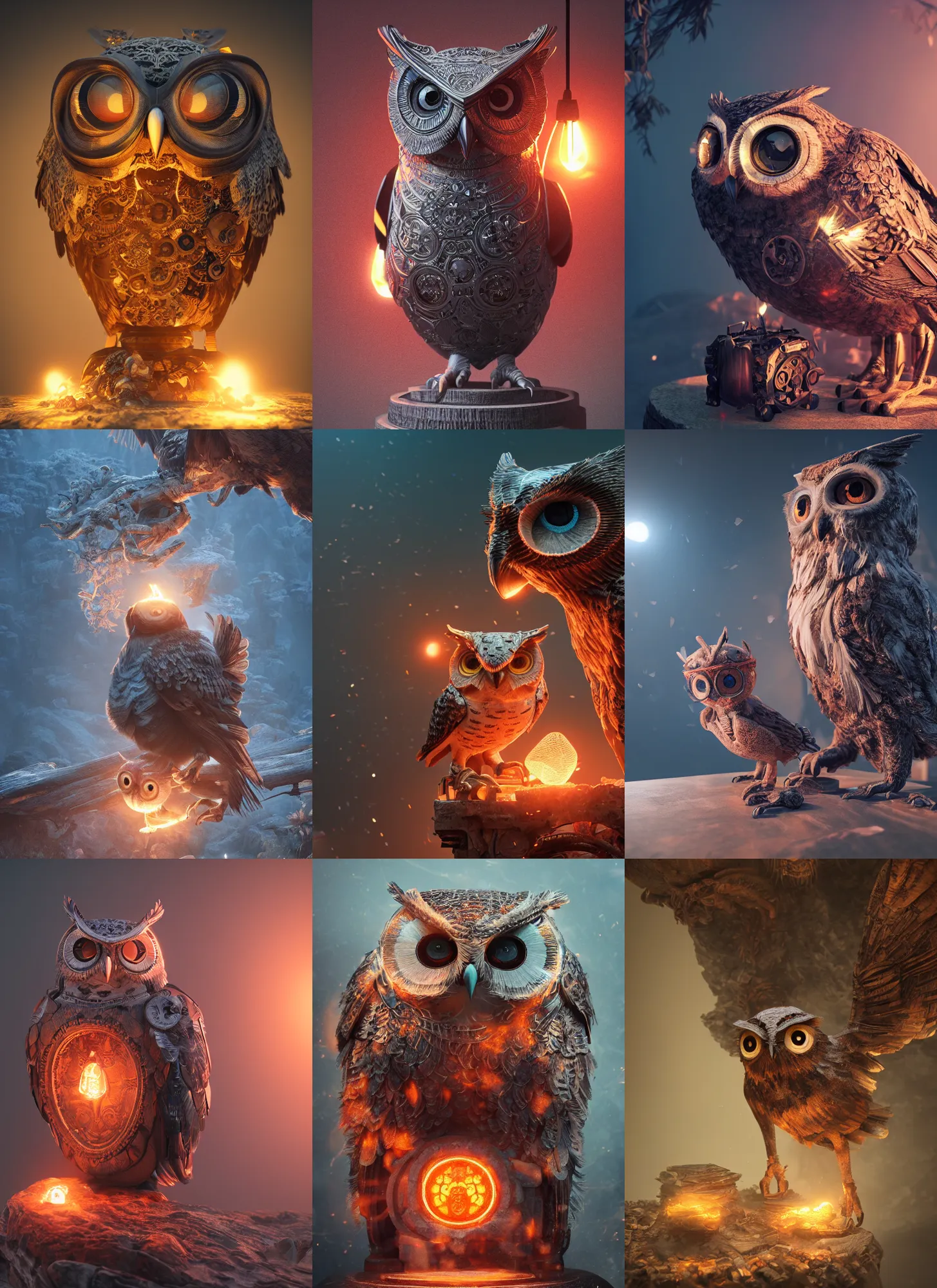 Prompt: mechanical owl, intricate detail, volumetric lighting, epic composition, hyper detailed, ultra realistic, sharp focus, octane render, volumetric, ray tracing, sense of awe, swirling mist, himalayan rocksalt lamp