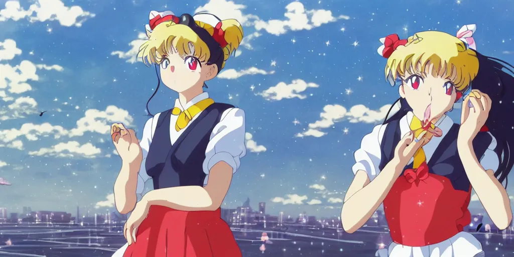 Prompt: anime fine details portrait of joyful school girl Sailor Moon in front of Russian panel houses landscape on the background, grey color scheme, deep bokeh, close-up, anime masterpiece by Studio Ghibli. 8k, sharp high quality classic anime from 2000 in style of Hayao Miyazaki