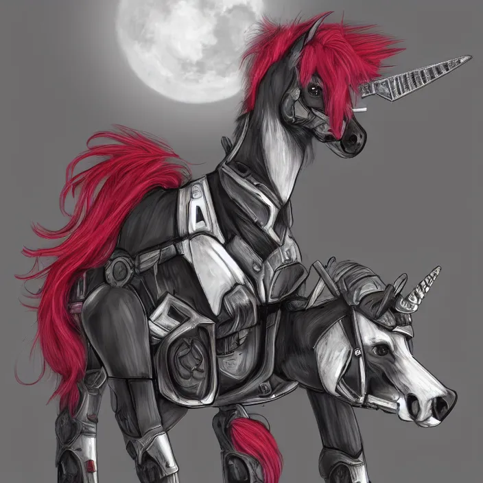 Image similar to Fallout Equestria Project Horizons | Blackjack Character Fanart | White MLP Unicorn Mare with red and black shaggy hair, and bright, robotic eyes. | Cutie Mark is: Ace and Queen of Spades | Trending on ArtStation, Digital Art, MLP Fanart, Fallout Fanart | Blackjack sitting and looking depressed at the viewer | Hyperrealistic CGI Photorealistic Cyborg Unicorn