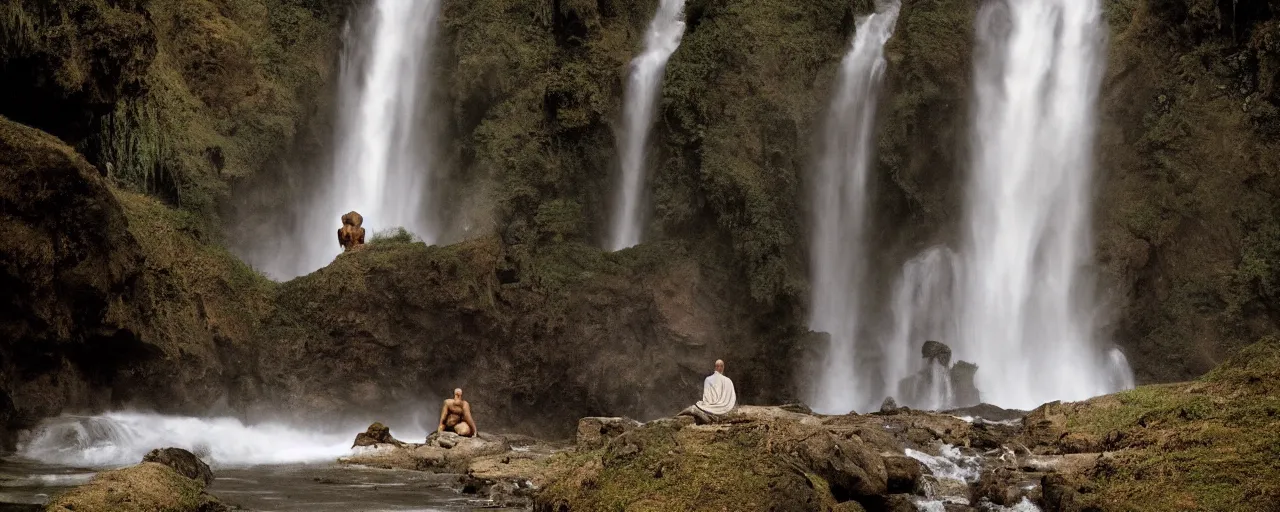 Image similar to dang ngo, annie leibovitz, steve mccurry, a simply breathtaking shot of mediating monk at one giant waterfall, wide shot, symmetrical