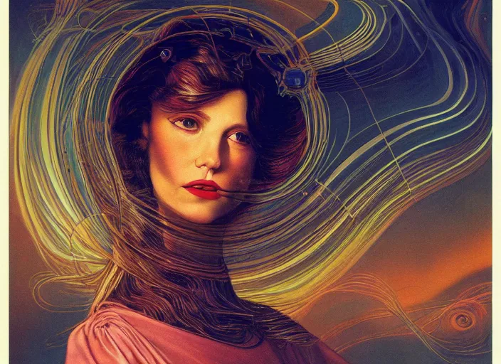 Image similar to portrait of a woman with swirling hair, illustration by James C. Christensen, retrofuturism, reimagined by industrial light and magic