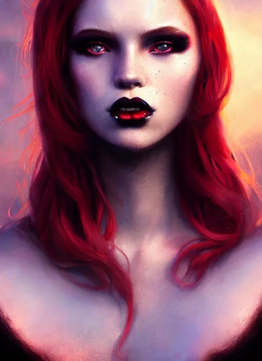 Image similar to girl with iridescent red hair, beautiful highly detailed face, complementary lighting, backlit, black eyeshadow, black lipstick, divine, dramatic lighting, landscape background, beautiful painting by artgerm and greg rutkowski and raymond swanland