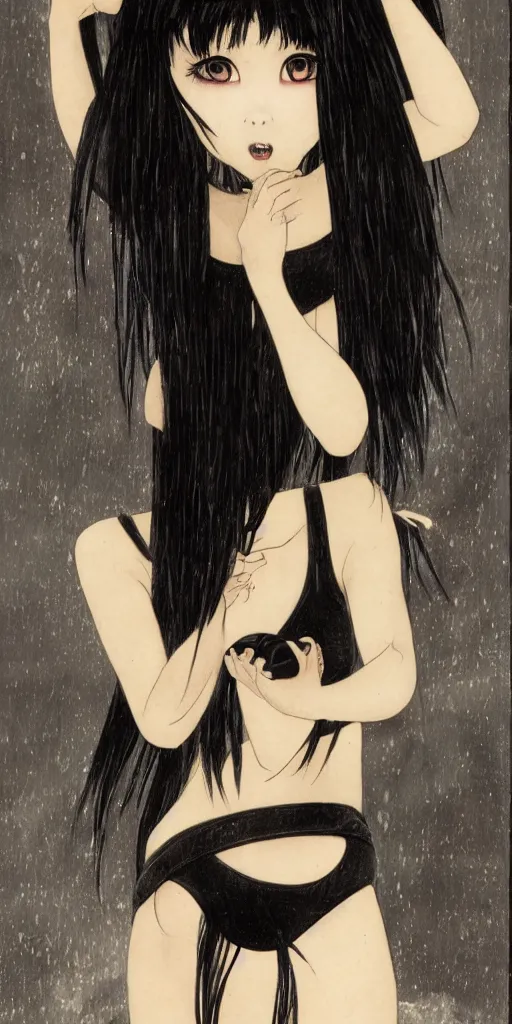 Prompt: a young japanese woman by h. r. giger her hair is dark black pig tails, she has large entirely - black eyes. she is wearing a white bikini top, a white short wet shear skirt, a black choker, and black open toed heels, alien spaceship, rain inside ship