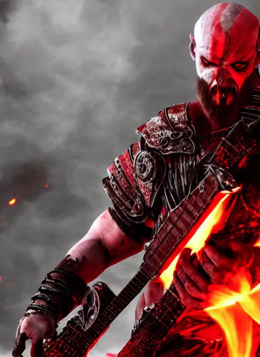 Image similar to red makeup stripe armored screaming kratos rocking hard on a flaming stratocaster guitar, cinematic render, god of war 2 0 1 8, playstation studios official media, lightning, flames, clear, coherent, guitar