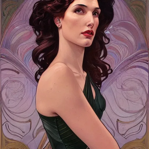 Image similar to a streamline moderne painting of gal gadot in the style of donato giancola, and in the style of charlie bowater, and in the style of alphonse mucha. symmetry, smooth, sharp focus, semi - realism, intricate detail.