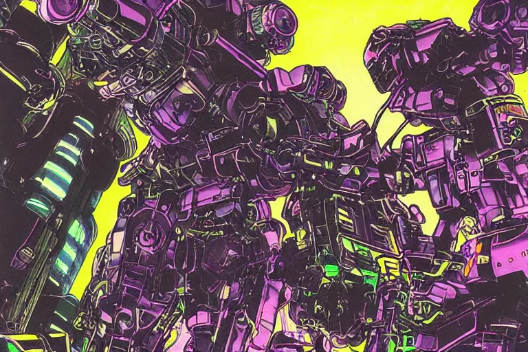 Prompt: mecha fighting against young biker in neo tokyo, very detailed, cyberpunk, akira anime, artwork, violet green magenta details, art by katsuhiro otomo