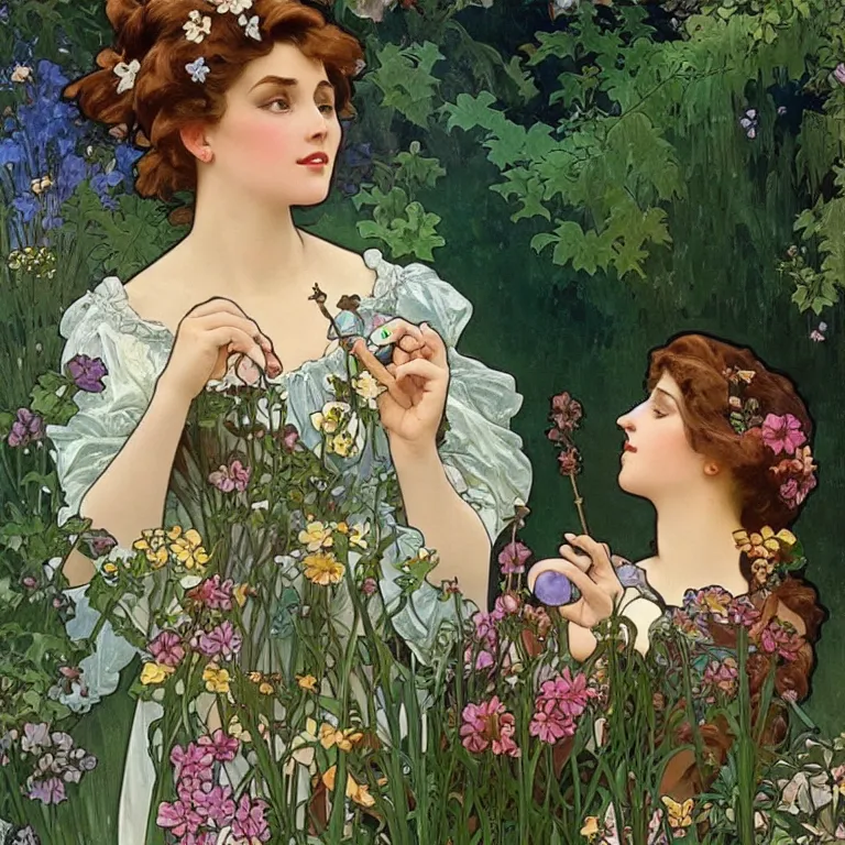 Image similar to a beautiful woman in a beautiful garden blowing bubbles. beautiful painting with high quality detailed face by disney and alphonse mucha