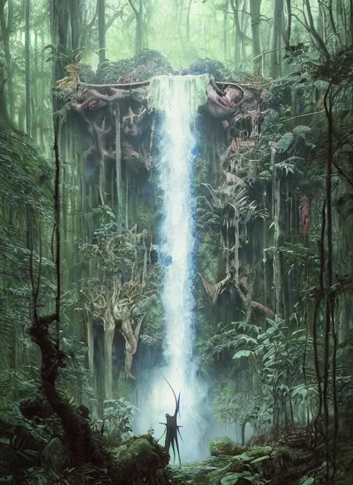 Image similar to a hyper realistic architectural witch shrine under a waterfall in the woods, gorgeous lighting, lush forest foliage, painting by chiara bautista and tom bagshaw, muca beksinski and norman rockwell and greg rutkowski weta studio, and lucasfilm