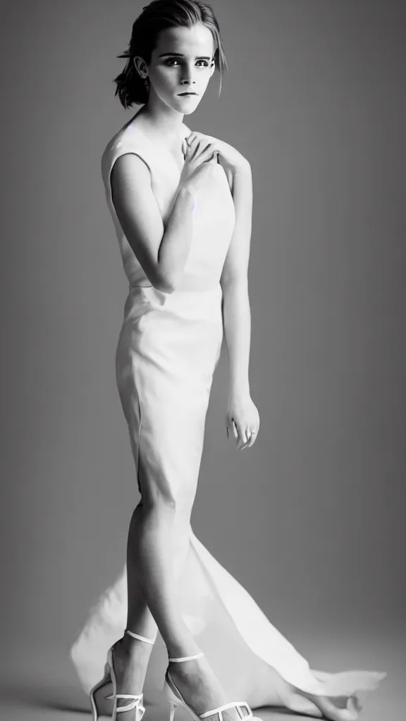 Prompt: an extremely beautiful studio photo of emma watson wearing heels and a white expensive dress, in a white room, pale skin, bokeh, very very very very beautiful!!, hard focus, full body shot, 9 0 mm, f / 1. 4