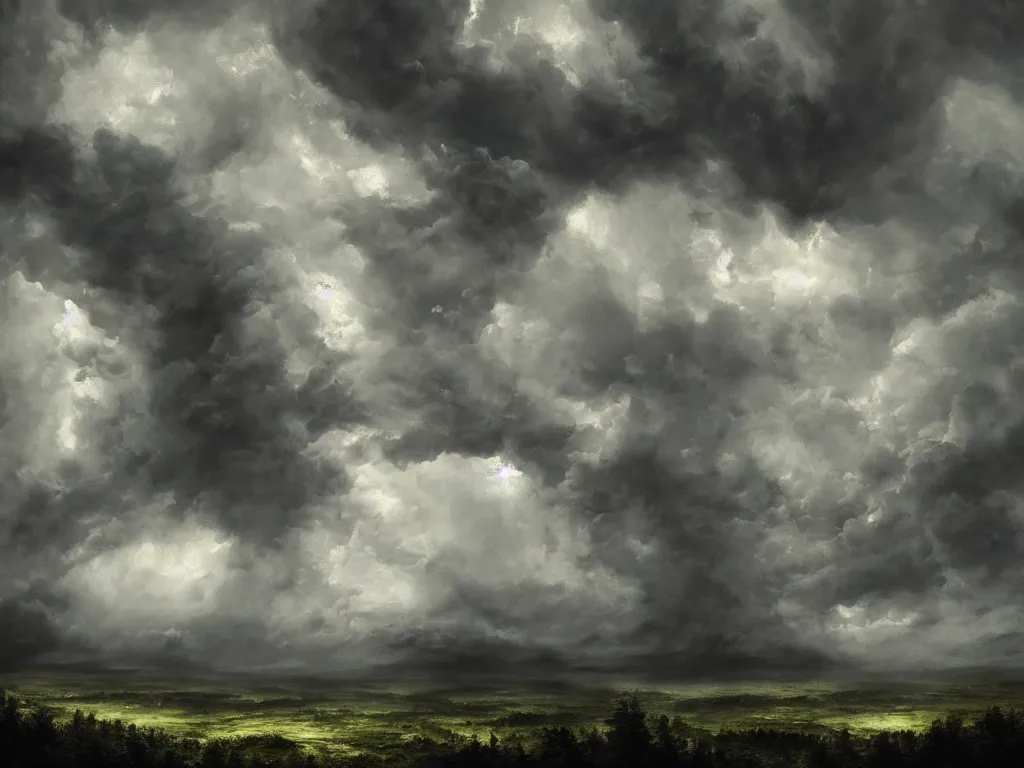 Image similar to detailed landscape, forests. very detailed dark super storm, hyper realistic clouds, impressive, magical, very atmospheric, smoke boiling, cinematic, deep, very high complexity, stunning, masterpiece, chiaroscuro, in the style of david holland and laura den hertog and michael creese, very detailed. 4 k