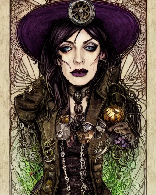 Image similar to a detailed portrait illustration of a steampunk witch - necromancer. distinguished face. random gender. art nouveau, pop art, comic book style. influenced by neil gaiman, h. p. lovecraft, tim burton, brian froud, vadim voitekhovitch, killian eng, ross tran.