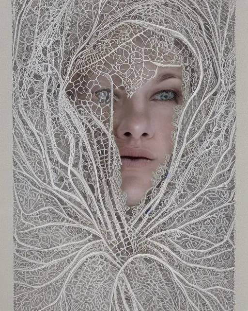 Prompt: a woman's face entwined in a coral reef, made of intricate decorative lace leaf skeleton, in the style of the dutch masters and gregory crewdson, dark and moody