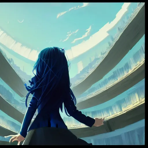 Image similar to low - angle shot from behind of a long blue - haired girl in a tailcoat overlooking noxus, noir, screenshot, sharp focus, intricate, illustration, cell shaded, digital painting, highly detailed, art by ilya kuvshinov, wlop, greg rutkowski, studio quality, james jean