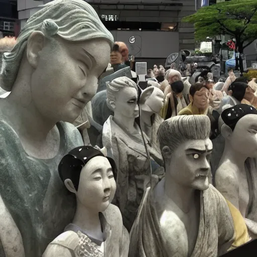 Image similar to everyone on the streets of japan suddenly turned into stone statues, the situation was eerie and silent dr. stone film footage, with green light effect from above