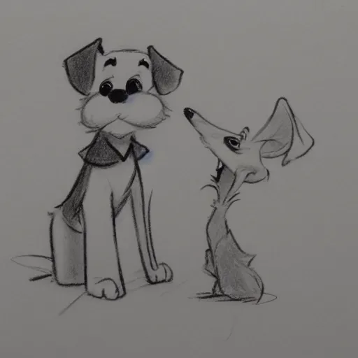 Image similar to milt kahl pencil sketch of happy mini schnauzer cartoon lady and the tramp style