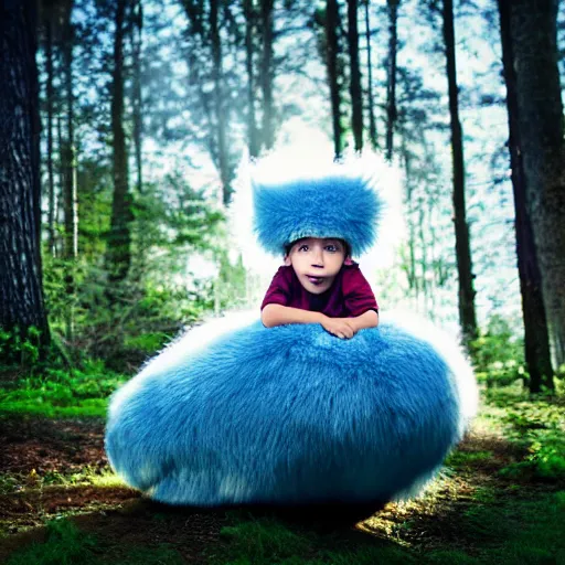 Prompt: young boy on a cute little monster with long fur on a cloud, portrait, pixar style, forest background, cinematic lighting, award winning creature portrait photography