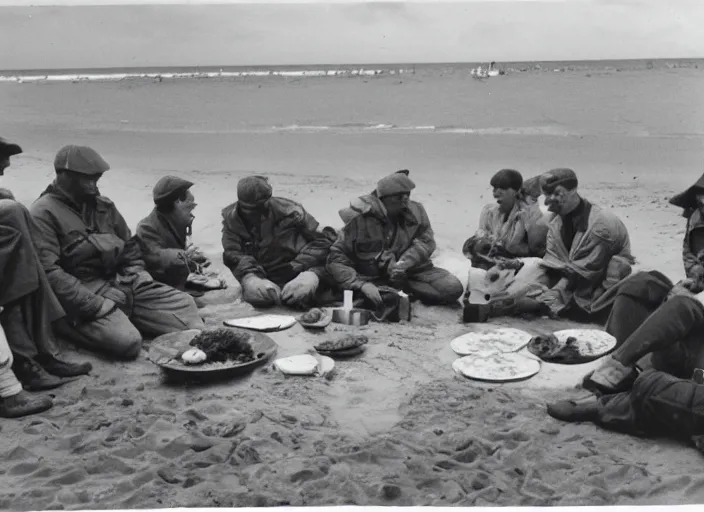 Image similar to vintage photo of a pizza party on omaha beach in normandy