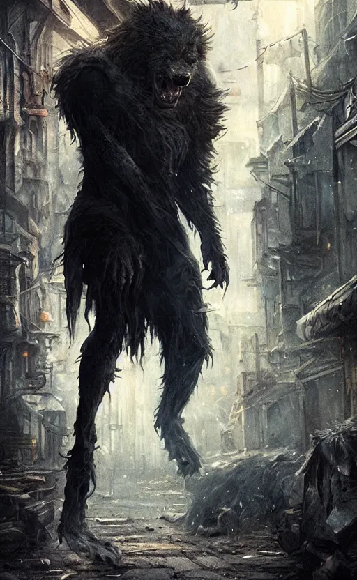 Image similar to hyperrealistic, Portrait of a werewolf in a dark alley, torn clothing, fantasy, urban, highly detailed, cinematic lighting, digital art painting by greg rutkowski