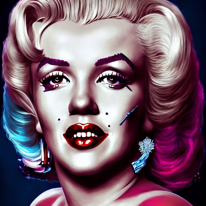 Image similar to portrait of Marilyn Monroe as a harley quinn. intricate abstract. intricate artwork. by Tooth Wu, wlop, beeple, dan mumford. octane render, trending on artstation, greg rutkowski very coherent symmetrical artwork. cinematic, hyper realism, high detail, octane render, 8k, iridescent accents