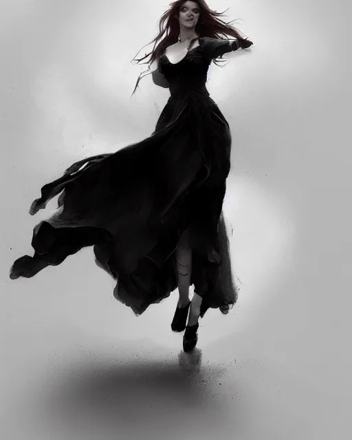 Image similar to a girl with long, flowing auburn hair at a dance, dancing, she has a long flowing black and white dress. victorian background, raining, long shot, portrait, artstation, concept art by greg rutkowski.