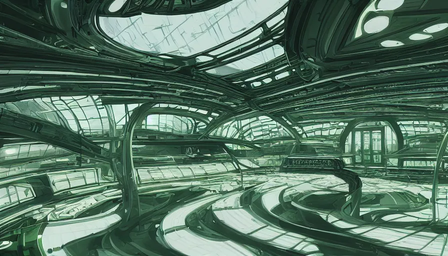 Image similar to interior of a green and white futuristic train station, hyperdetailed, artstation, cgsociety, 8 k