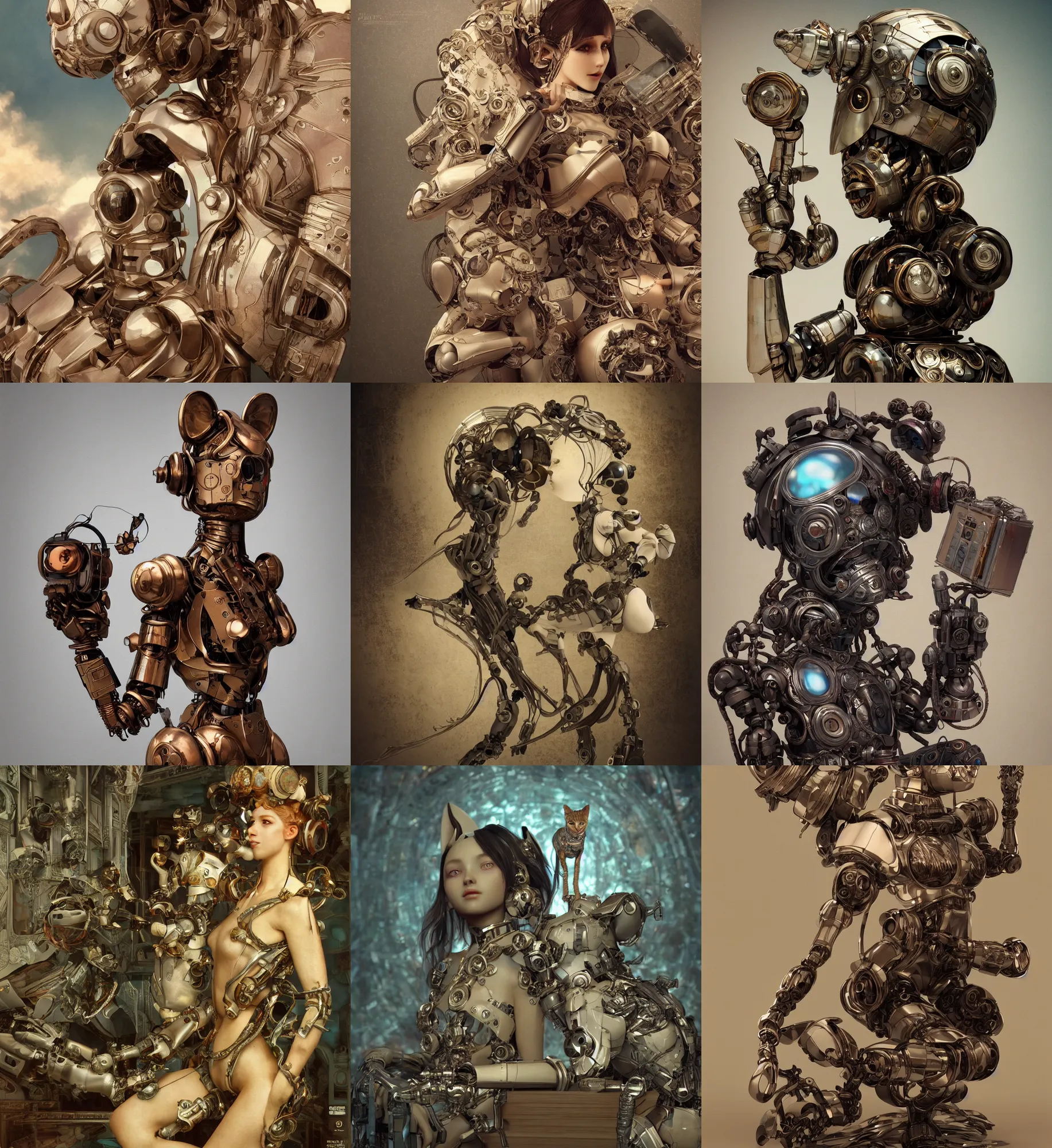 Prompt: 3D octane render ultra 8K photorealistic hyperdetailed unreal engine a ,VHS ,futurepunk ,concept art ,trending on cgsociety ,artwork masterpiece ,in a contemporary art gallery, lossless quality ,wooden sculpture on feet art toys ,a very cute mystical robot of the bohemian with cat’s ears ,by Alphonse Mucha