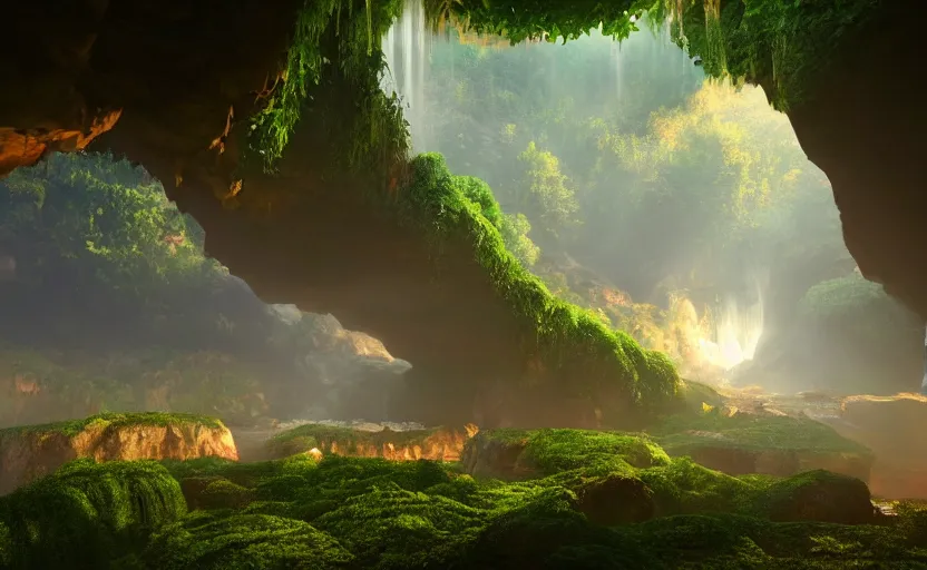 Image similar to a beautiful and stunning digital render of a humongous diamond cave, vines, haze, waterfall, volumetric lighting, photorealistic, red, green, blue sky, sunset, unreal engine 5, ultra detail, trending on artstation