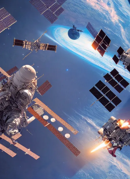 Image similar to closeup hyperdetailed shot of taikonauts cosmonauts and astronauts connecting iss with tiangong space station by ross tran, thierry doizon, craig mullins, ilya kuvshinov, artgerm, edward hopper, dan mumford, wlop, rutkovsky, carl spitzweg, moebius, unreal engine 5, lumen, nanite