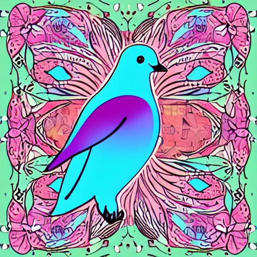 Image similar to illustration of dove inside an ear, palette of primaries, flat colors, flat linework, grainy filter, stippling, psychodelic