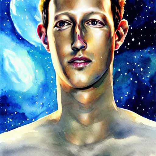 Image similar to alien extraterrestrial zuckerberg in space. watercolor. dramatic. amazing painting. formal. beautiful. high resolution. highly realistic. close - up. trending on artstation