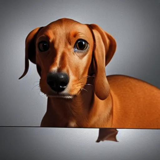 Image similar to a daschund looking in a mirror and seeing a cat reflected back, hyper realistic, 4k,