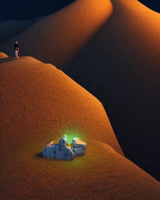 Image similar to a man standing in the middle of a mountain looking at a glowy shape, a render by filip hodas, behance contest winner, environmental art, rendered in cinema 4 d, volumetric lighting