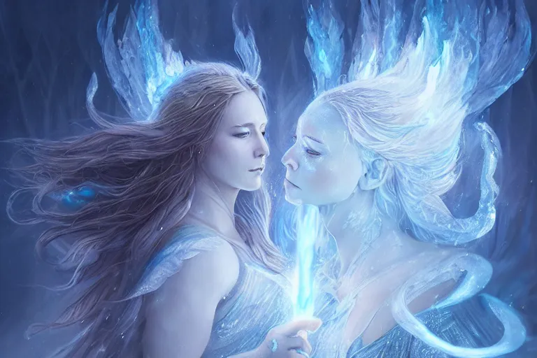 Image similar to beautiful female ice goddess fighting a beautiful fire goddess, digital painting, intricate, elegant, beautiful volumetric lighting, icicle, fire art by Leesha Hannigan, Ross Tran, Thierry Doizon, Kai Carpenter, Ignacio Fernández Ríos